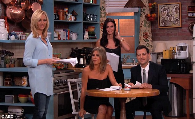 The girls are back: Aniston with her Friends co-stars Courteney Cox and Lisa Kudrow performing a sketch on Jimmy Kimmel's show on Thursday